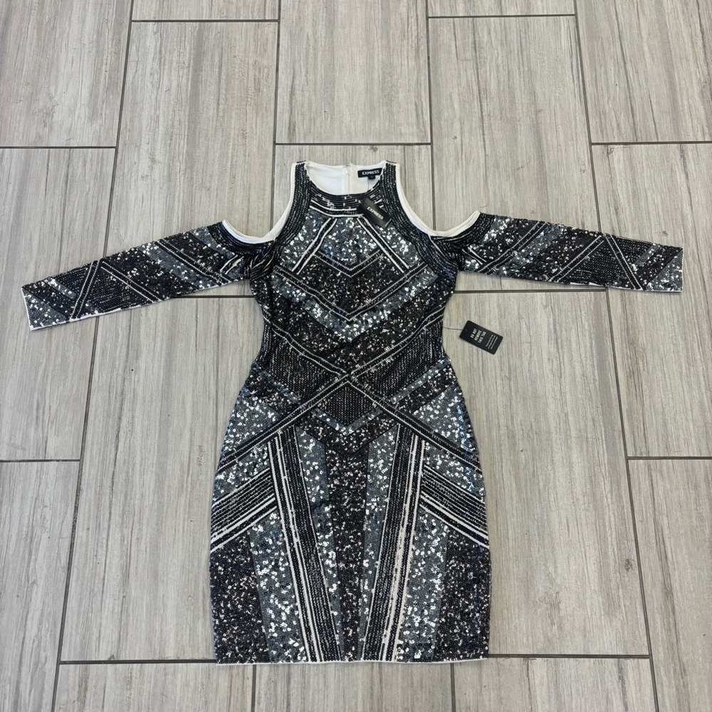NWT Express Aztec Sequin Dress Silver Holiday Cocktail Size Small